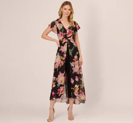 Adrianna Papell Jumpsuits|Day Dresses*Floral Print Cropped Jumpsuit With Skirt Overlay In Black Multi