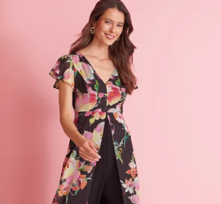 Adrianna Papell Jumpsuits|Day Dresses*Floral Print Cropped Jumpsuit With Skirt Overlay In Black Multi