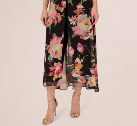 Adrianna Papell Jumpsuits|Day Dresses*Floral Print Cropped Jumpsuit With Skirt Overlay In Black Multi