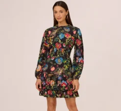 Adrianna Papell Wedding Guest Dresses|Day Dresses*Floral Print Dress With Long Bishop Sleeves In Black Multi