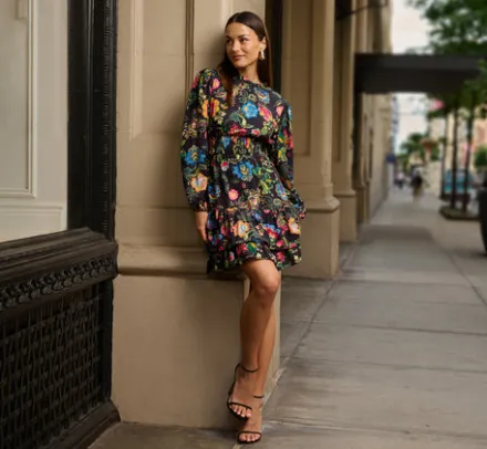 Adrianna Papell Wedding Guest Dresses|Day Dresses*Floral Print Dress With Long Bishop Sleeves In Black Multi