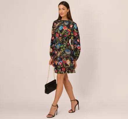 Adrianna Papell Wedding Guest Dresses|Day Dresses*Floral Print Dress With Long Bishop Sleeves In Black Multi