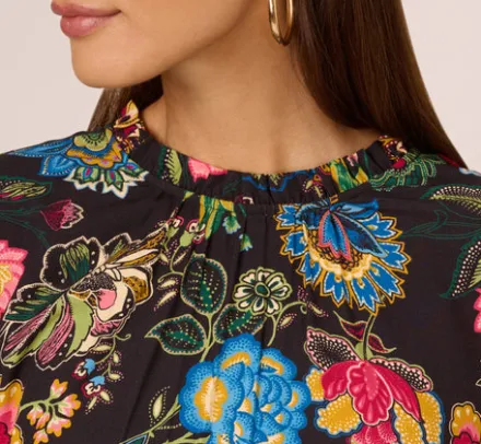 Adrianna Papell Wedding Guest Dresses|Day Dresses*Floral Print Dress With Long Bishop Sleeves In Black Multi