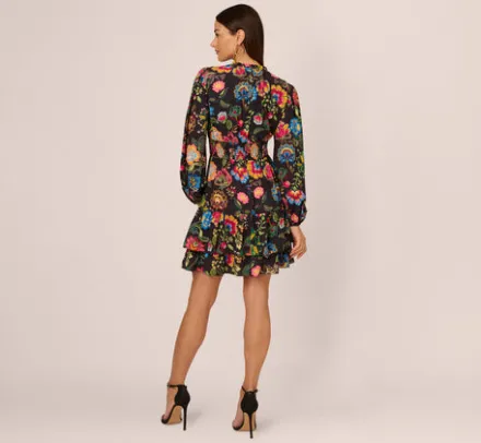 Adrianna Papell Wedding Guest Dresses|Day Dresses*Floral Print Dress With Long Bishop Sleeves In Black Multi