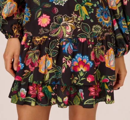 Adrianna Papell Wedding Guest Dresses|Day Dresses*Floral Print Dress With Long Bishop Sleeves In Black Multi