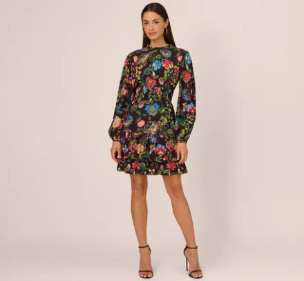 Adrianna Papell Wedding Guest Dresses|Day Dresses*Floral Print Dress With Long Bishop Sleeves In Black Multi