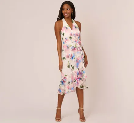 Adrianna Papell Day Dresses|Petite-Friendly*Floral Printed Chiffon Halter Dress With Self Tie Waist In Ivory Pink Multi
