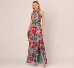Adrianna Papell Wedding Guest Dresses|Formal Dresses*Floral Printed Halter Mermaid Gown With Ruffle Details In Turquoise Multi