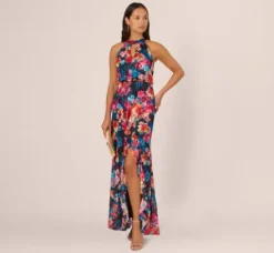 Adrianna Papell Wedding Guest Dresses|Formal Dresses*Floral Printed Halter Mermaid Gown With Ruffle Details In Navy Multi