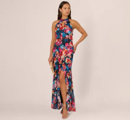 Adrianna Papell Wedding Guest Dresses|Formal Dresses*Floral Printed Halter Mermaid Gown With Ruffle Details In Navy Multi