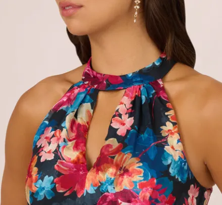 Adrianna Papell Wedding Guest Dresses|Formal Dresses*Floral Printed Halter Mermaid Gown With Ruffle Details In Navy Multi