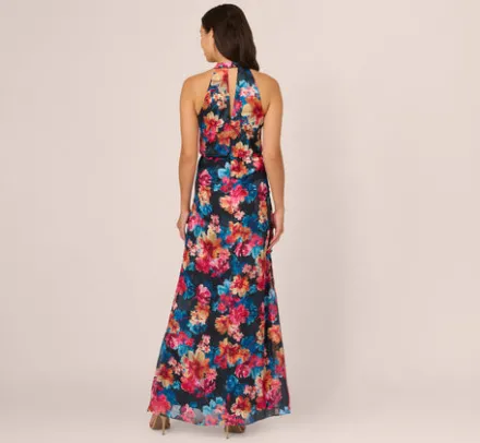 Adrianna Papell Wedding Guest Dresses|Formal Dresses*Floral Printed Halter Mermaid Gown With Ruffle Details In Navy Multi