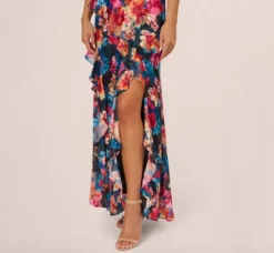 Adrianna Papell Wedding Guest Dresses|Formal Dresses*Floral Printed Halter Mermaid Gown With Ruffle Details In Navy Multi