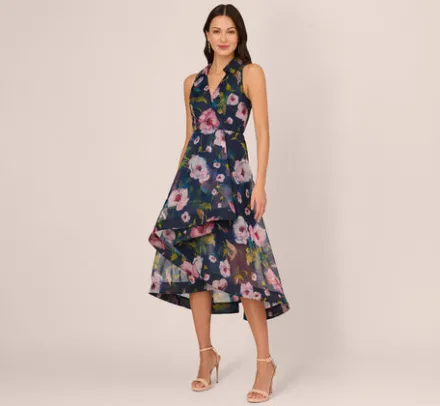 Adrianna Papell Wedding Guest Dresses|Petite-Friendly*Floral Printed High Low Organza Halter Dress In Navy Multi