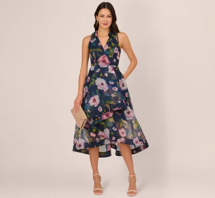 Adrianna Papell Wedding Guest Dresses|Petite-Friendly*Floral Printed High Low Organza Halter Dress In Navy Multi