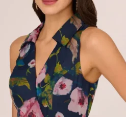 Adrianna Papell Wedding Guest Dresses|Petite-Friendly*Floral Printed High Low Organza Halter Dress In Navy Multi