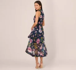 Adrianna Papell Wedding Guest Dresses|Petite-Friendly*Floral Printed High Low Organza Halter Dress In Navy Multi