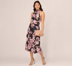 Adrianna Papell Wedding Guest Dresses|Ap Exclusives*Floral Print Halter Midi Dress With Mock Neckline In Black Multi