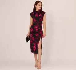 Adrianna Papell Wedding Guest Dresses|Ap Exclusives*Floral Print Jersey Ankle Length Dress With Draped Details In Black Pink Multi