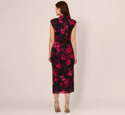 Adrianna Papell Wedding Guest Dresses|Ap Exclusives*Floral Print Jersey Ankle Length Dress With Draped Details In Black Pink Multi