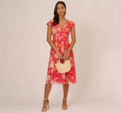 Adrianna Papell Wedding Guest Dresses|Day Dresses*Floral Print Midi Dress With Twist Neckline In Coral Multi