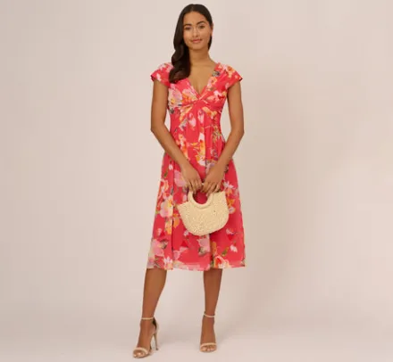 Adrianna Papell Wedding Guest Dresses|Day Dresses*Floral Print Midi Dress With Twist Neckline In Coral Multi