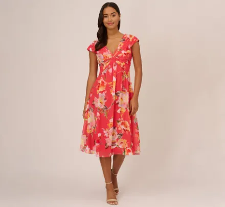 Adrianna Papell Wedding Guest Dresses|Day Dresses*Floral Print Midi Dress With Twist Neckline In Coral Multi