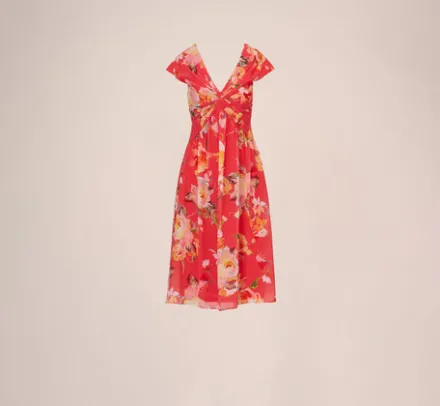 Adrianna Papell Wedding Guest Dresses|Day Dresses*Floral Print Midi Dress With Twist Neckline In Coral Multi