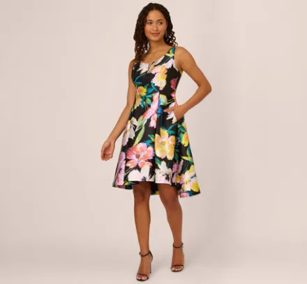 Adrianna Papell Wedding Guest Dresses|Day Dresses*Floral Print Mikado Sleeveless Dress With High Low Skirt In Black Multi