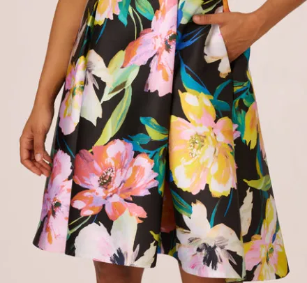 Adrianna Papell Wedding Guest Dresses|Day Dresses*Floral Print Mikado Sleeveless Dress With High Low Skirt In Black Multi