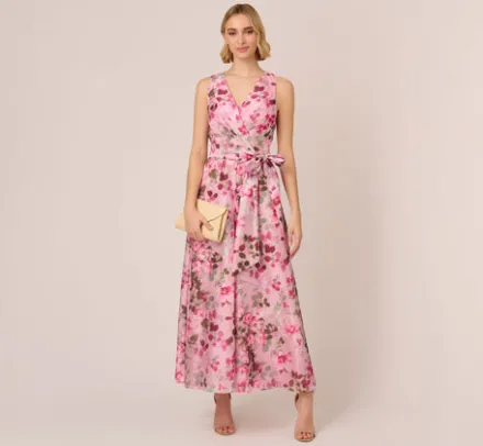 Adrianna Papell Jumpsuits*Floral Print Organza Sleeveless Jumpsuit With Self Tie Waist In Pink Multi