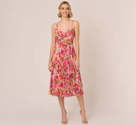 Adrianna Papell Wedding Guest Dresses|Day Dresses*Floral Print Pleated Chiffon Midi Dress In Pink Green Multi