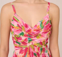 Adrianna Papell Wedding Guest Dresses|Day Dresses*Floral Print Pleated Chiffon Midi Dress In Pink Green Multi