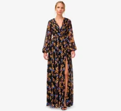 Adrianna Papell Wedding Guest Dresses|Formal Dresses*Floral-Print Pleated Chiffon Long A-Line Gown In Black Multi