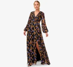Adrianna Papell Wedding Guest Dresses|Formal Dresses*Floral-Print Pleated Chiffon Long A-Line Gown In Black Multi