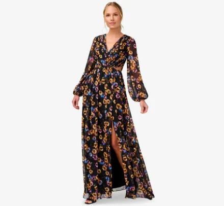 Adrianna Papell Wedding Guest Dresses|Formal Dresses*Floral-Print Pleated Chiffon Long A-Line Gown In Black Multi