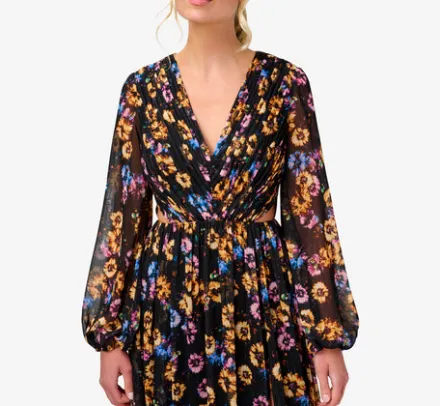 Adrianna Papell Wedding Guest Dresses|Formal Dresses*Floral-Print Pleated Chiffon Long A-Line Gown In Black Multi