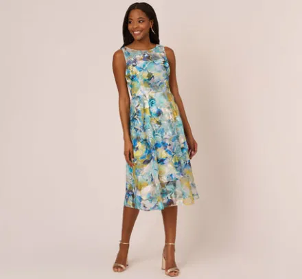 Adrianna Papell Wedding Guest Dresses|Petite-Friendly*Floral Print Sleeveless Midi Dress With Sheer Neckline In Blue Ivory Multi