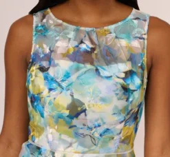 Adrianna Papell Wedding Guest Dresses|Petite-Friendly*Floral Print Sleeveless Midi Dress With Sheer Neckline In Blue Ivory Multi