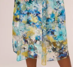 Adrianna Papell Wedding Guest Dresses|Petite-Friendly*Floral Print Sleeveless Midi Dress With Sheer Neckline In Blue Ivory Multi