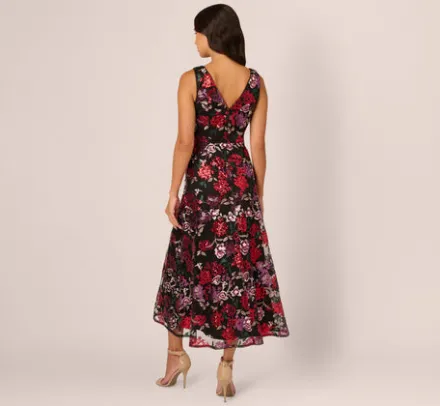 Adrianna Papell Wedding Guest Dresses|Grandmother Of The Bride & Groom*Floral Sequin Ankle Dress In Black Multi