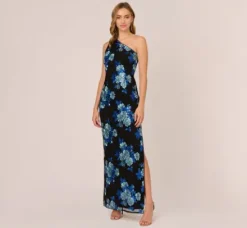 Adrianna Papell Wedding Guest Dresses|Formal Dresses*Floral Sequin One Shoulder Column Gown In Black Blue Multi