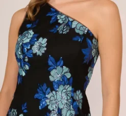 Adrianna Papell Wedding Guest Dresses|Formal Dresses*Floral Sequin One Shoulder Column Gown In Black Blue Multi