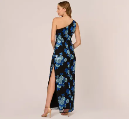 Adrianna Papell Wedding Guest Dresses|Formal Dresses*Floral Sequin One Shoulder Column Gown In Black Blue Multi