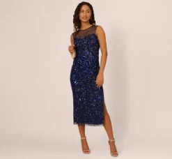 Adrianna Papell Wedding Guest Dresses|Grandmother Of The Bride & Groom*Floral Sequin Sleeveless Ankle Length Dress With Sheer Neckline In Light Navy
