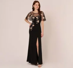 Adrianna Papell Wedding Guest Dresses|Formal Dresses*Flutter Sleeve Crepe Gown With Floral Sequin Beading In Black Blush Multi