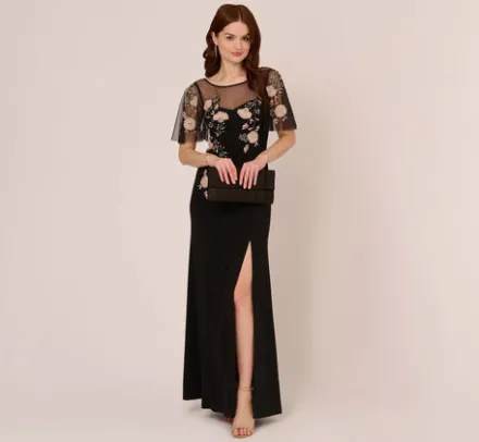 Adrianna Papell Wedding Guest Dresses|Formal Dresses*Flutter Sleeve Crepe Gown With Floral Sequin Beading In Black Blush Multi
