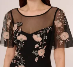 Adrianna Papell Wedding Guest Dresses|Formal Dresses*Flutter Sleeve Crepe Gown With Floral Sequin Beading In Black Blush Multi
