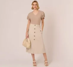 Adrianna Papell Tops & Blouses*Flutter Sleeve Top With V Neckline In Cocoa Ivory Micro Dot