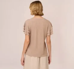 Adrianna Papell Tops & Blouses*Flutter Sleeve Top With V Neckline In Cocoa Ivory Micro Dot